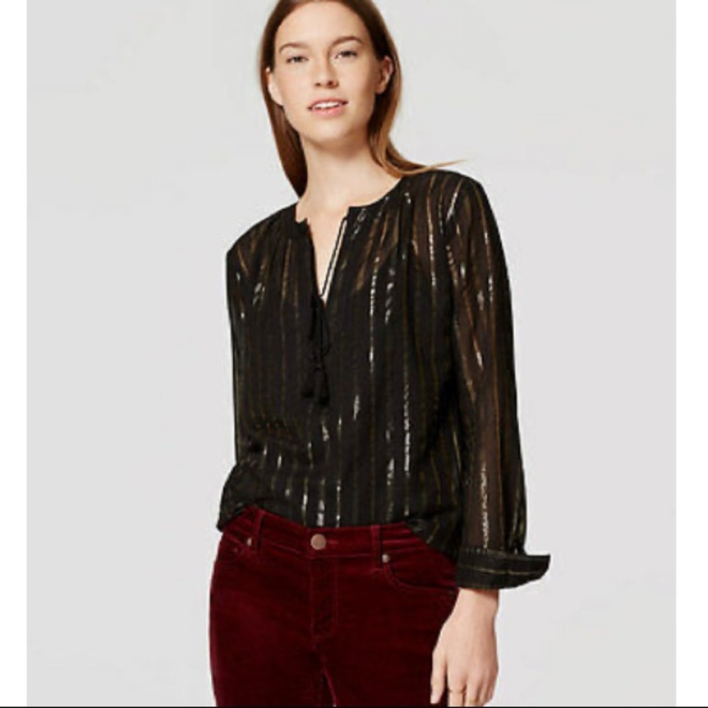 Ann Taylor Loft Black Shimmer Metallic Tassel Tie Tunic Blouse